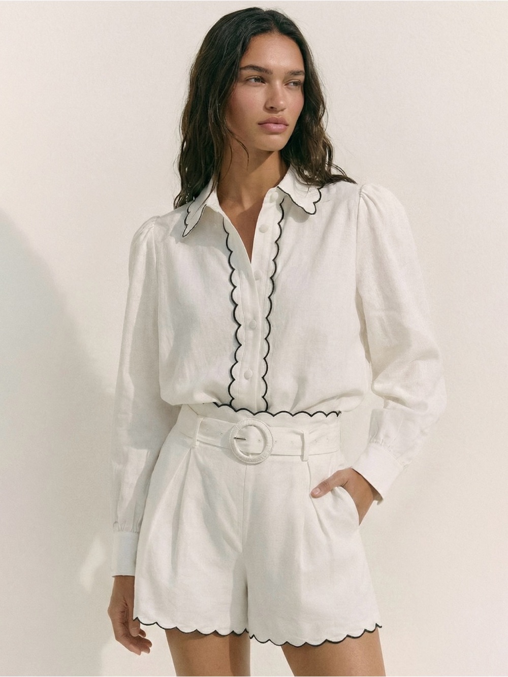 White Scallop-Trim Blouse & Shorts Set